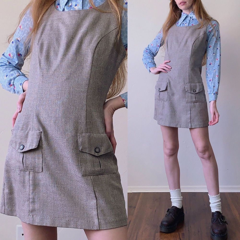vintage 90s S/M sleeveless utility style mini jumper dress,